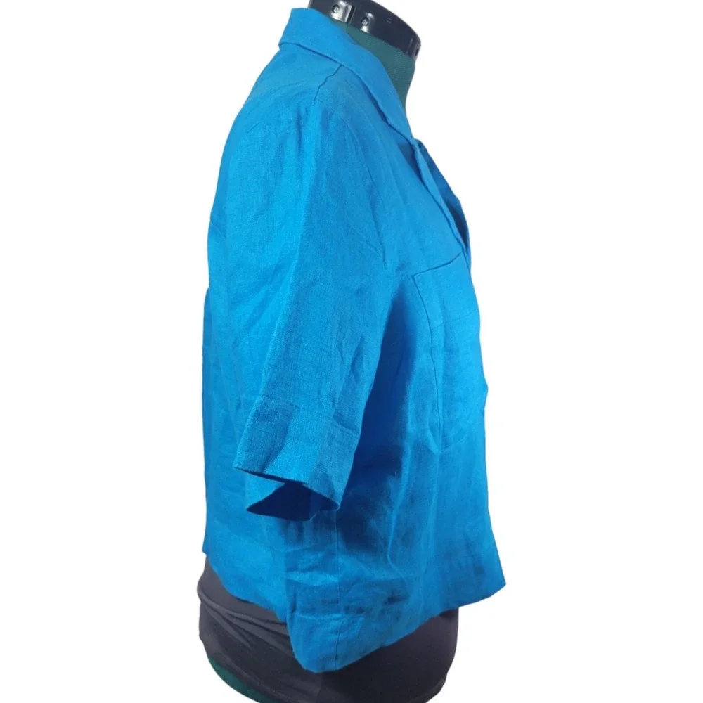 Marc New York Jeans Linen Top Women L Blue Short Sleeve Boxy Coastal Boho